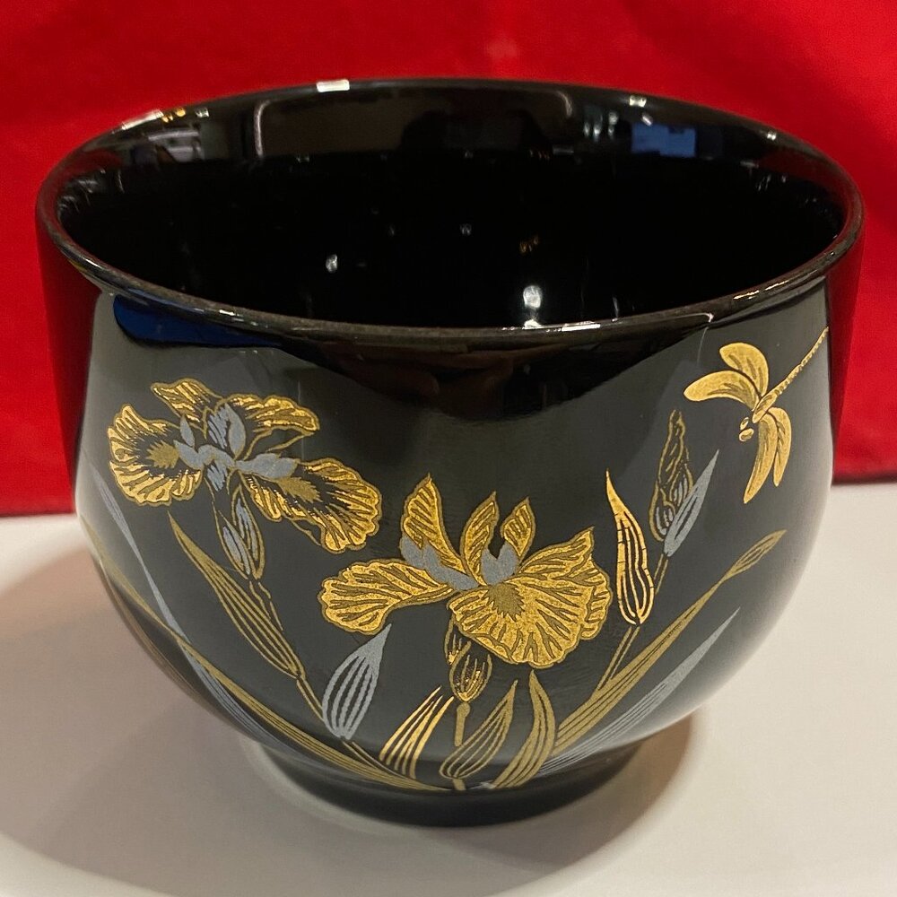 Four Vintage Otagiri Tea Cups w/ Black & gold Floral Iris Design w/ Dragonfly